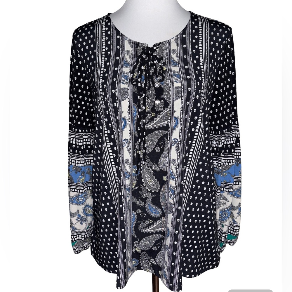Style & Co Black Blue Patterned Blouse